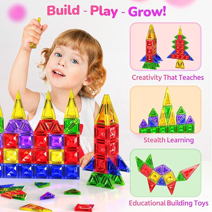 Sparkling Diamond Mini Magnetic Tiles, 40PCS Travel Magnetic Tiles with Metal Case, Portable On-The-Go Magnet Tiles, STEM Educational Construction Set Travel Toys for Kids, Boys and Girls Ages 3+