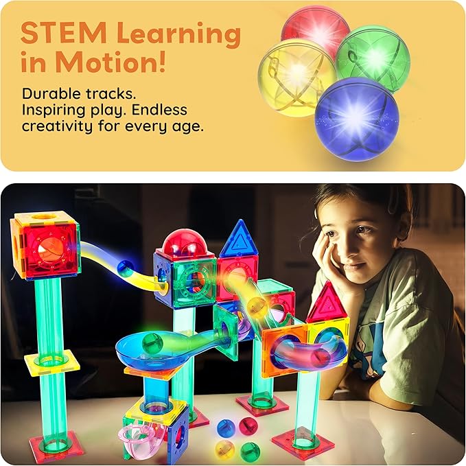 PicassoTiles Motion Activated Marbles 4pc LED Light-Up Glow in The Dark Translucent Balls for Marble Run Race Racetrack Maze Magnetic Construction Magnet Tiles Building Block STEM Education Kids Toys