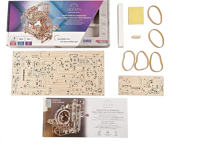 UGEARS 2 in 1 3D Puzzle Marble Run Chain Hoist Plus Stepped Hoist - DIY Marble Run Wooden Puzzle for Adults and Kids