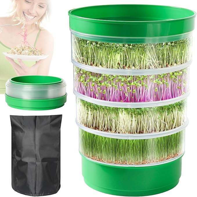 4-Tier Sprouts Growing Tray,Microgreens Growing Kit with Sprout Lid, Blackout Sleeve & Drain Tray,Stackable Sprouts Growing Kit,Soil-Free Seedling Box for Beans Alfalfa Seeds(NO Seeds)