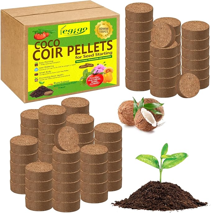 Legigo 100 Pcs 40mm Coco Coir Pellets Seed Starter Soil Mix- Organic Coconut Coir Potting Soil Pods for Seedling, Coco Peat Soil Discs for Indoor & Outdoor Plants Bonsai Herbs Vegetables and Flowers