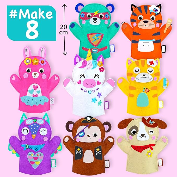 Unicorn Hand Puppet Making Kit for Kids Age 5-8 - DIY Puppet Making Craft Kit - Creative Arts & Crafts Set, Educational Gift - Pretend Play Toys - 8 Projects, Extra Stickers for Decoration