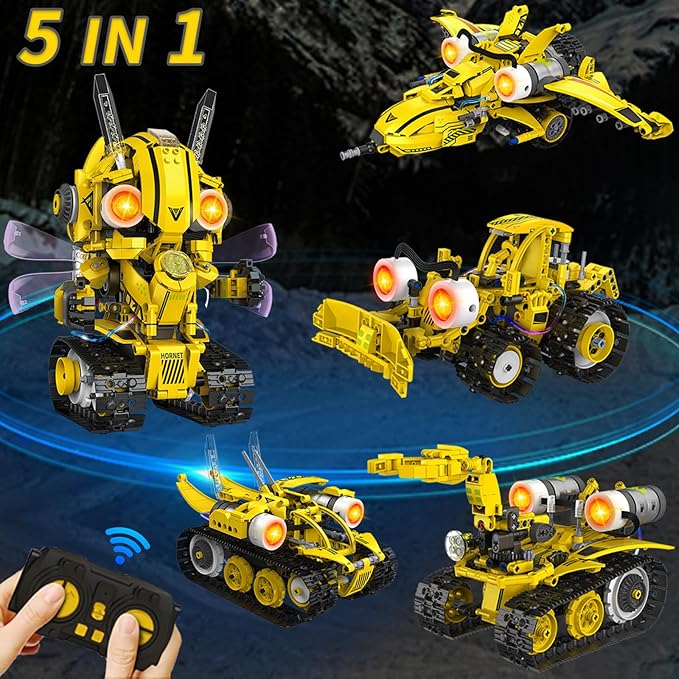 5 in 1 STEM Robot Building Kit with Remote & App Controll, Technic Coding Robotic Toys for Kids Ages 8-13 with LED-Lights Christmas Stocking Stuffer Birthday Gift for Boys & Girls Age 6--12+ (673PCS)
