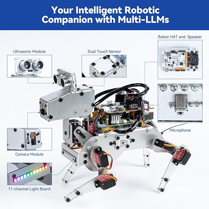 SunFounder PiDog AI Robot Dog Kit for Raspberry Pi 5/4/3B+/Zero 2W, LLMs ChatGPT-4o/Gemini/Grok, Voice&Video Recognition, Python, App Control, Battery, Gyroscope, Camera (RPI NOT Included)