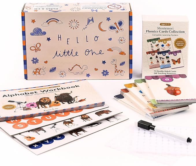 Montessori Phonics Flash Cards and Alphabet Workbook, Hands-On Learn to Read and Write System with Letter Tracing, Preschool Educational Learning Set for Kids Ages 3–7