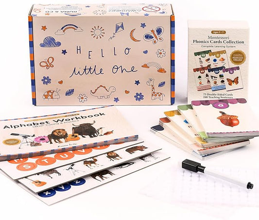 Montessori Phonics Flash Cards and Alphabet Workbook, Hands-On Learn to Read and Write System with Letter Tracing, Preschool Educational Learning Set for Kids Ages 3–7