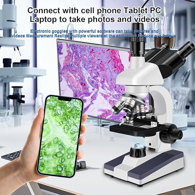 Trinocular Microscope 40X-5000X Magnification Microscope for Adults, Laboratory Grade with Dual Mechanical Stage and HD USB Camera