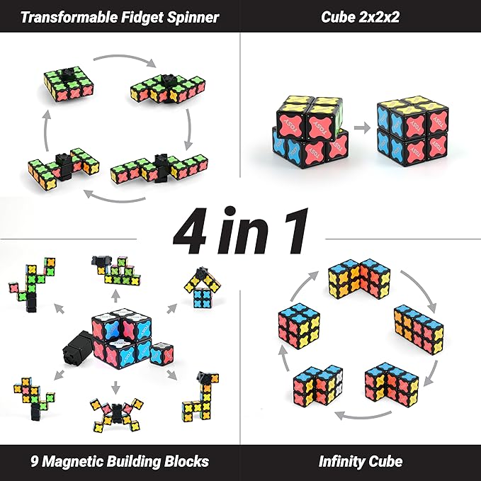 TOSY Magnet Fidget Spinner Mini - 8 Blocks, 3in1 Toy: Transformable Fidget Spinner, Infinity/Puzzle Cube, Christmas Stocking Stuffers Gift for Kids/Adults, STEM Sensory Stress Relief Toy, 2-Pack