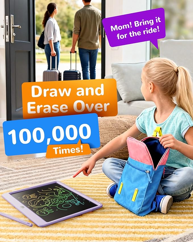 KOKODI LCD Writing Tablet, 12 Inch Colorful Toddler Doodle Board Drawing Tablet, Erasable Reusable Electronic Drawing Pads, Educational and Learning Toy for 3-6 Years Old Boy and Girls(Purple)
