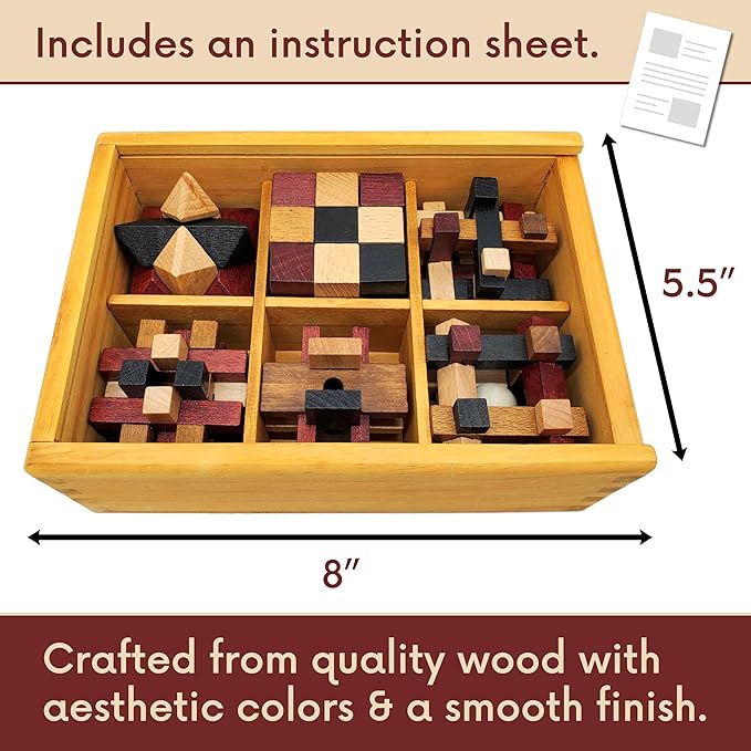 Wooden Brain Teaser Puzzles 6 Pack - 3D Brain Teasers for Adults & Kids - Educational and Fun Gift Ideas - Mind Puzzles by LMC Products