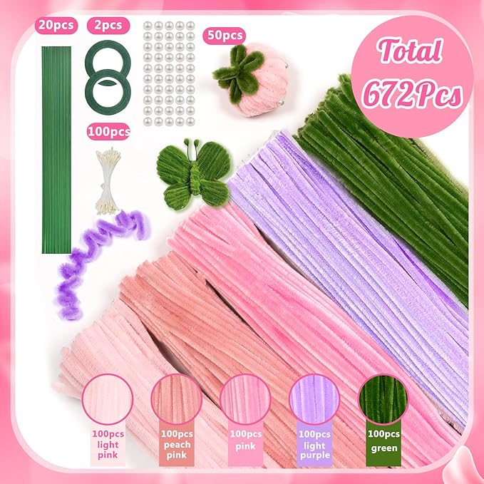 500 Pcs Pink Pipe Cleaners Craft for Flowers, Pastel Chenille Stems for DIY Art Projects Creative Gift(5 Colors), Pipe Cleaner Flower Kit with Floral Stems, Gardening Tape,Stamen& Pearls (Tulip)