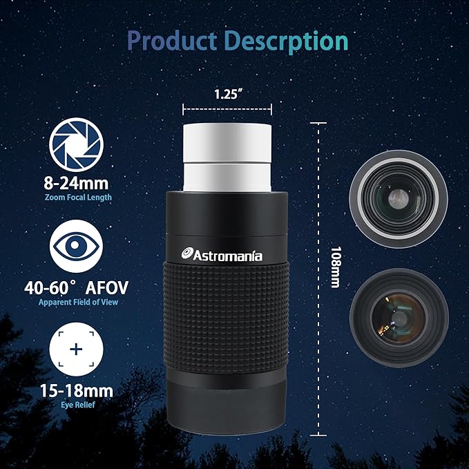 Astromania Zoom Eyepiece for Telescope, 8-24mm Wide Field Zoom Eyepiece Variable Power Design with T Thread for Astrophotography, Compatible with Telescope That Accept Telescope Eyepiece 1.25 Inch