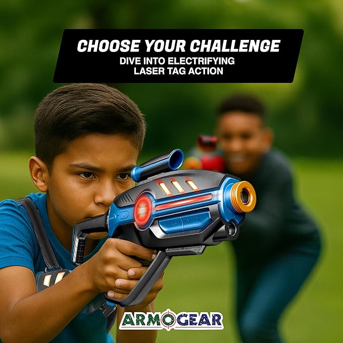 ArmoGear Laser Tag Set for Kids, Teens & Adults - 2 Blasters + 2 Vest Sensors with 4 Multi-Game Modes - Lazer Tag Set - Age 8+ Year Old Toys - Includes Accessories - Boys & Girls Outdoor Activities