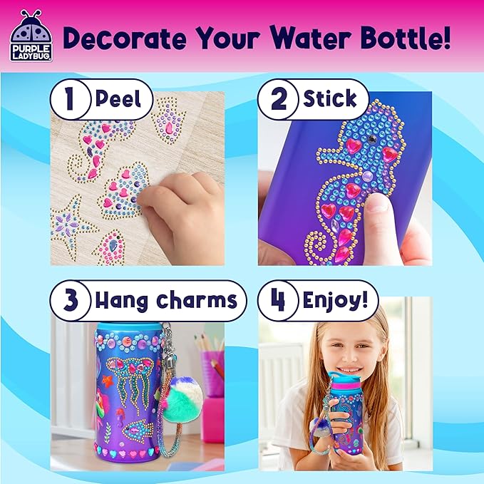 PURPLE LADYBUG Decorate Your Own Water Bottle for Girls - Mermaid Gifts for Girls Age 6-8, Gifts for 5 6 7 8 9 10 Year Old Girl Birthday, Christmas Gift, Crafts for Girl Ages 6-8