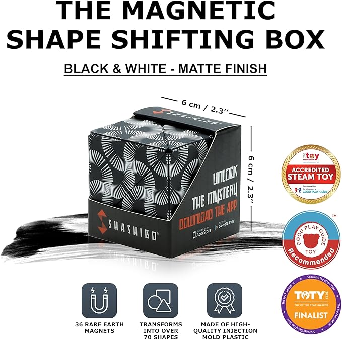 SHASHIBO Shape Shifting Box - Award-Winning Fidget Toy w/ 36 Rare Earth Magnets - Fidget Cube Transforms Into Over 70 Shapes, Sensory Toy Gift for Kids, Teens, and Adults (Black & White)