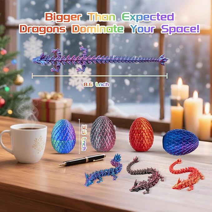 3D Printed Dragon Eggs with Dragon, 4 PCS 3D Printing Toys for Adults, Fantasy Tabletop Decor, Unique Office Desktop Decoration & Collectible Stocking Stuffers