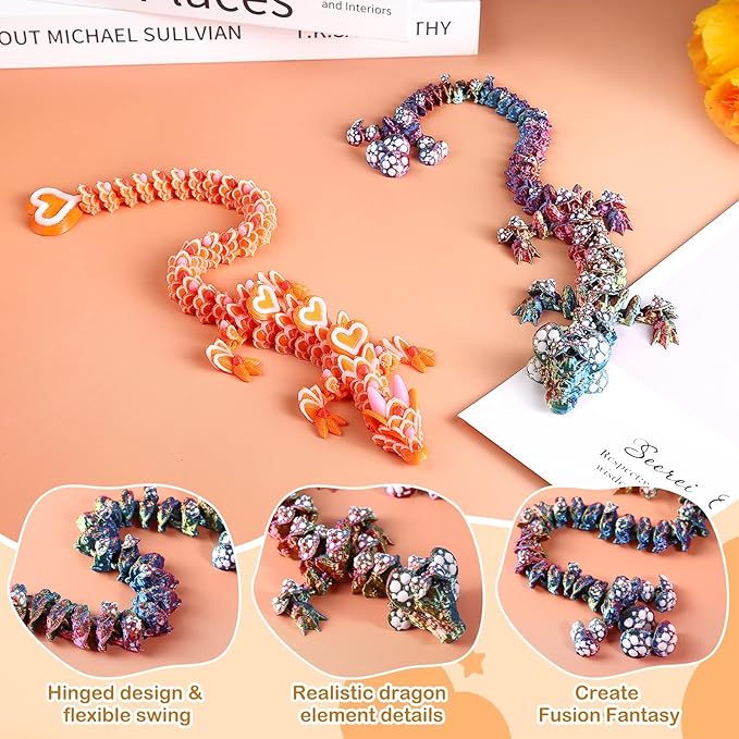 3D Printed Dragon Mushroom and Heart Cookie Dragons, Articulated Fidget Toys for Autism and ADHD, Perfect Basket Essentials Stuffers and Desk Accessories