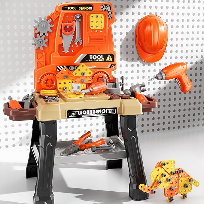 Kids Tool Bench Set, 142Pcs Toddler Tool Toy Playset with Electric Drill & Realistic Tools, STEM Building Pretend Play Construction Toys for Boys, Toddlers Toys Gifts for Ages 3 4 5 6 7 Year Olds