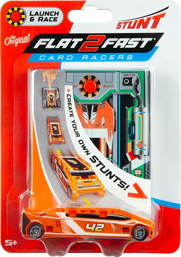 FLAT 2 FAST Original Stunt Card Racer – Flat Car Racer and Pocket Size Racecar Launcher with Built-in Button for Stunt Launching and Racing – Compact – Lava Orange