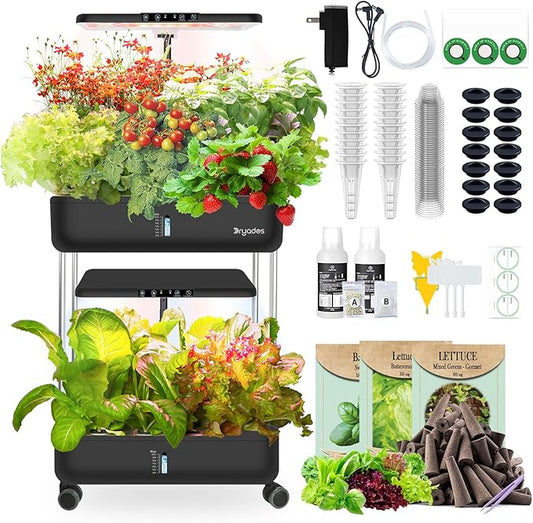 44-Pod Indoor Hydroponic Growing System + 3 Free Seeds Starter Kit (Lettuce, Salad Mixed, Basil Seeds) – Dual 53W Full-Spectrum LED, 10-L Water Tank, 2-Tier Grow Pods (44 Pods)