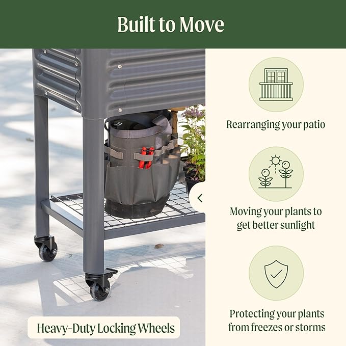 Rolling Elevated Raised Garden Bed - Slim Series, 1.5' x 5.5' Outdoor Planters Boxes with Legs & Storage Rack for Patio, 750 Lbs Weight Capacity, Raised Beds for Gardening Herbs Flowers, Modern Gray