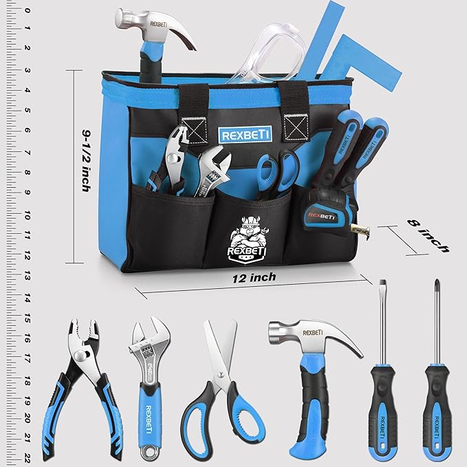REXBETI 10-Piece Kids Tool Set with Real Hand Tools, Blue Durable Storage Bag, Children Learning Tool Kit for Home DIY and Woodworking,6+ Years Old Birthday Gift