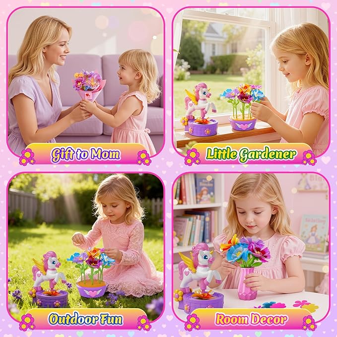 Unicorn Flower Bouquet Toys with Pot, Vase & 2 Flower Bases, Fabric Bouquet Girls Toys, DIY Arts and Crafts for Kids Ages 3-12,Stocking Stuffers Birthday Gifts for 3 4 5 6 7 8 9 10+Year Old Girls
