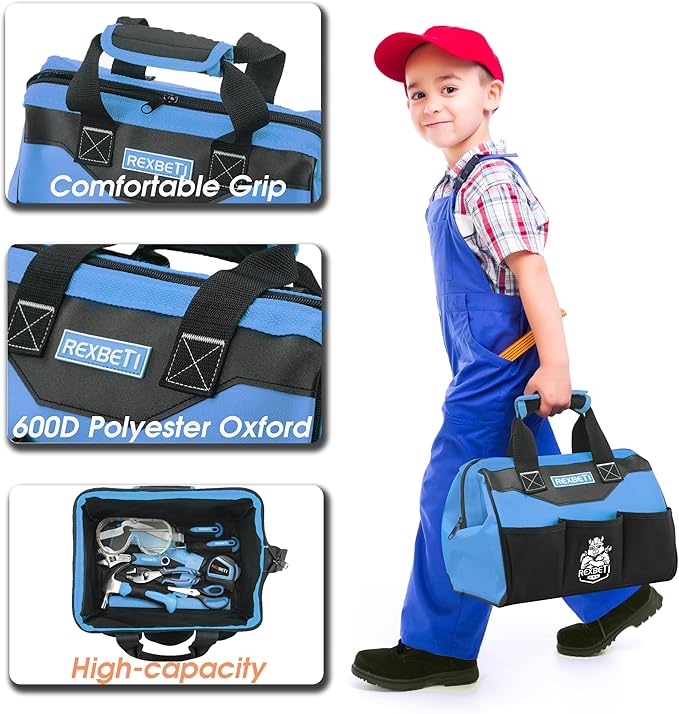 REXBETI 10-Piece Kids Tool Set with Real Hand Tools, Blue Durable Storage Bag, Children Learning Tool Kit for Home DIY and Woodworking,6+ Years Old Birthday Gift