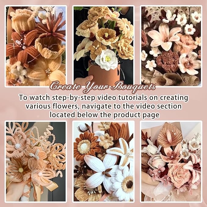 500 Pcs Pipe Cleaners Craft for Flowers, Pastel Chenille Stems for DIY Art Projects Creative Gift(6 Colors), Pipe Cleaner Flower Kit with Floral Stems, Gardening Tape,Stamen& Pearls (Brown Boho)
