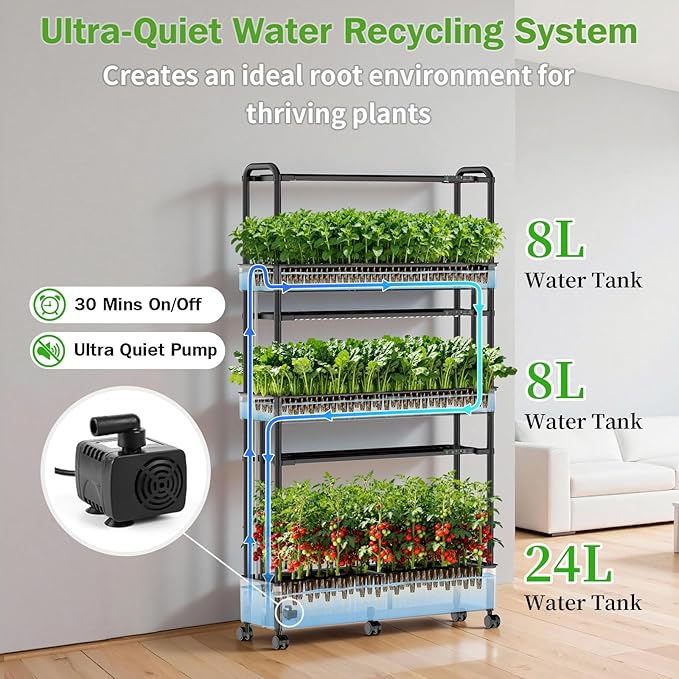 Hydroponics Growing System Kit, 90 Pods, Large Vertical Hydroponic Garden, 32L Indoor Gardening System for Herb Vegetable Fruit, with 2 Light Modes, Auto Circulating Water System