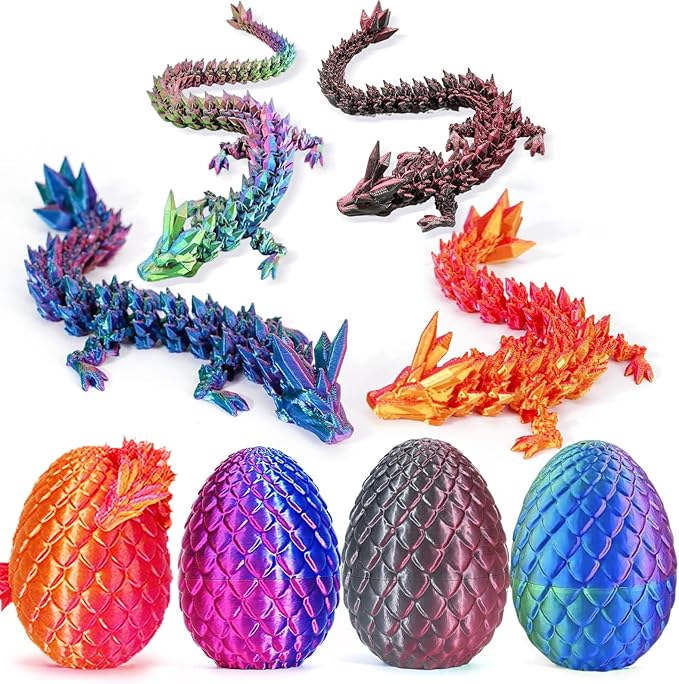 3D Printed Dragon Eggs with Dragon, 4 PCS 3D Printing Toys for Adults, Fantasy Tabletop Decor, Unique Office Desktop Decoration & Collectible Stocking Stuffers