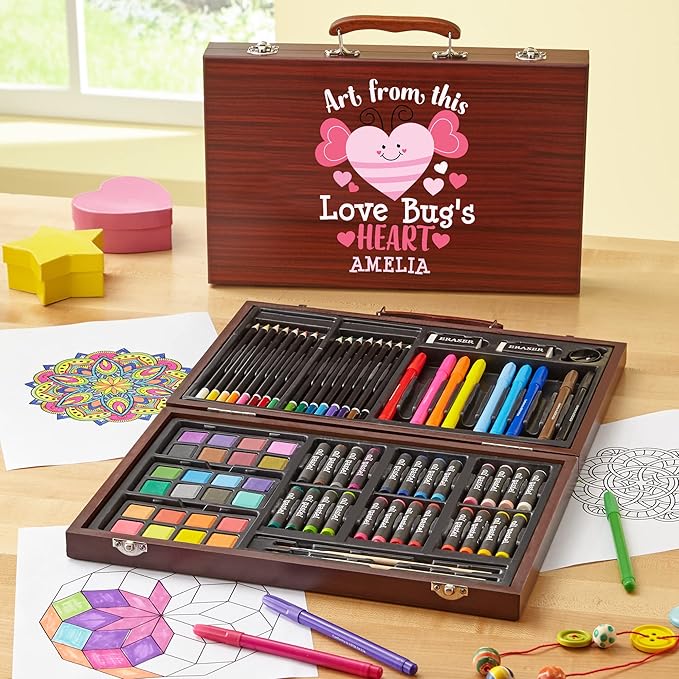 Let's Make Memories Personalized 80-Piece Deluxe Art Set - for Kids - Wood Carrying Case - Oil Crayons, Colored Pencils, Watercolors - Arts & Crafts - Add Their Name - Love Bug