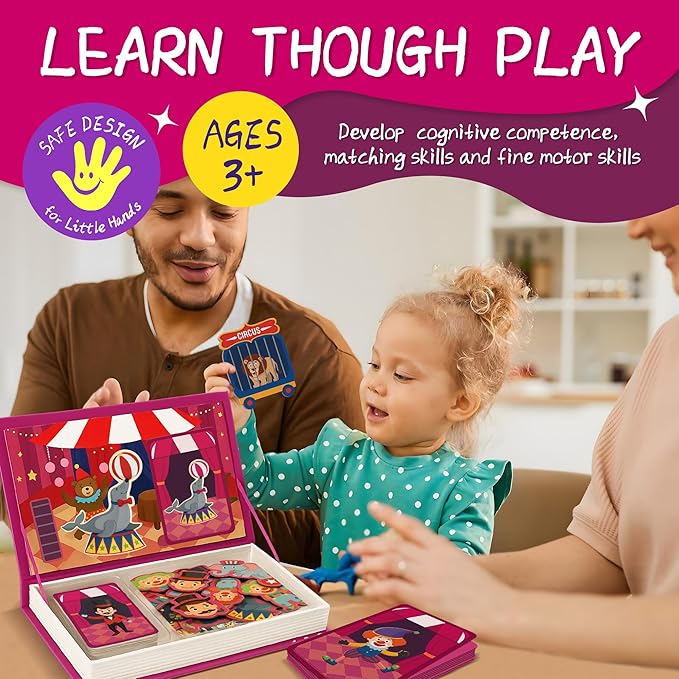 Circus Magnetic Puzzle Book for Toddlers, 37PCS Montessori Travel Set with 16 Activity Cards - Airplane Essentials for Kids Road Trip Game, Interactive Magnet Board for Boys Girls Ages 3+