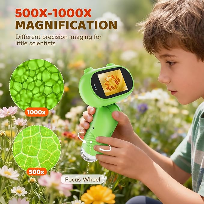Kids Microscope Aurosports Microscopes Handheld Pocket - 1000X Miniscope Portable with Photo & Video - 2 Inch HD IPS Screen 32GB Digital Microscopes for Gifts