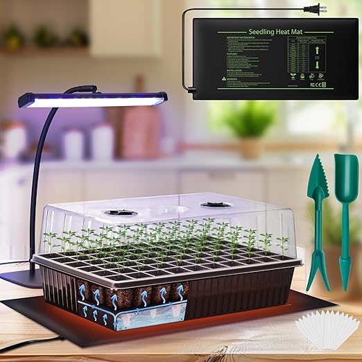 60-Cell Self-Watering Seed Starter Kit with Grow Light and Heat Mat, Seedling Tray with Humidity Dome, Indoor Plant Germination Tray for Beginners - Grow Tomatoes, Peppers, Herbs & Flowers