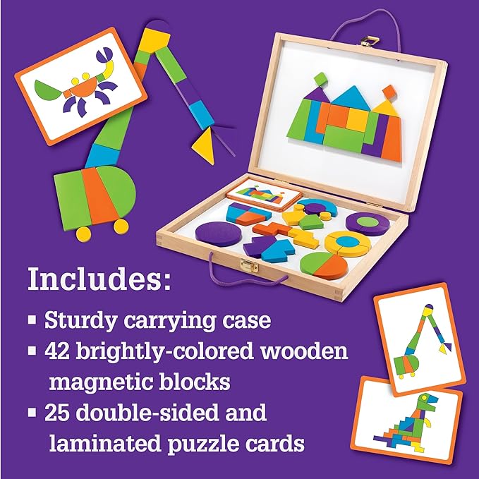 MindWare Imagination Magnets Wooden Pattern Blocks Set - Imaginative Play with magentic Shapes in a Carrying case - 42 Magnetic Solid Wooden Blocks, 50 Full-Color Laminated Puzzles