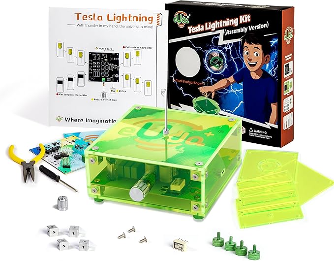 eUda+ STEM Tesla Lightning Kit – Easy DIY Electronic Science Kit – Perfect Christmas STEM Gift for Kids – Fun Hands-On Learning & Building Toy(Assembly Version) (Rectangular-Fluorescent Green Pro)