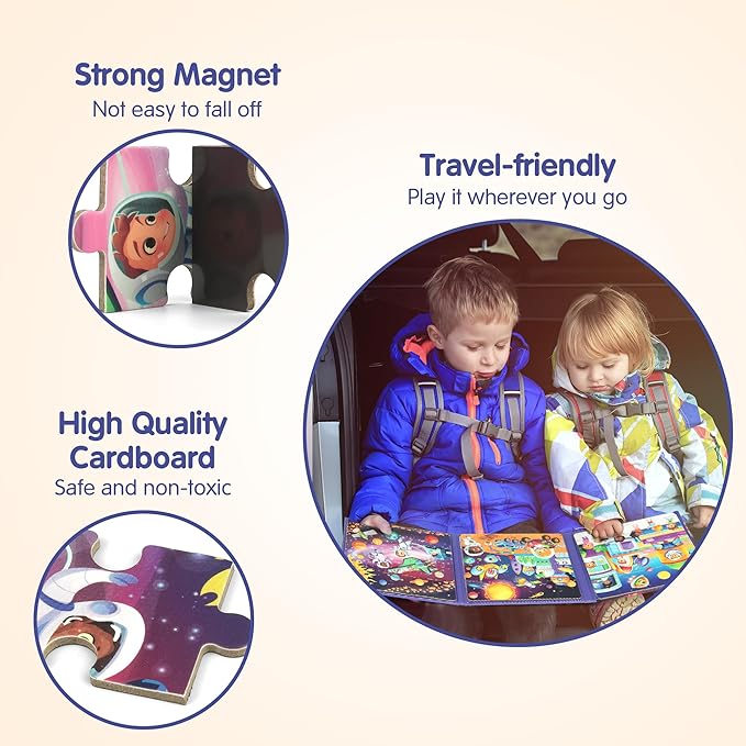 SYNARRY Magnetic Puzzles for Toddlers 3-5, Space Planets Solar System Travel Puzzles for Kids Ages 4-6,Car Airplane Road Trip Activities Games Gifts Toys for 3 4 5 6 Year Old