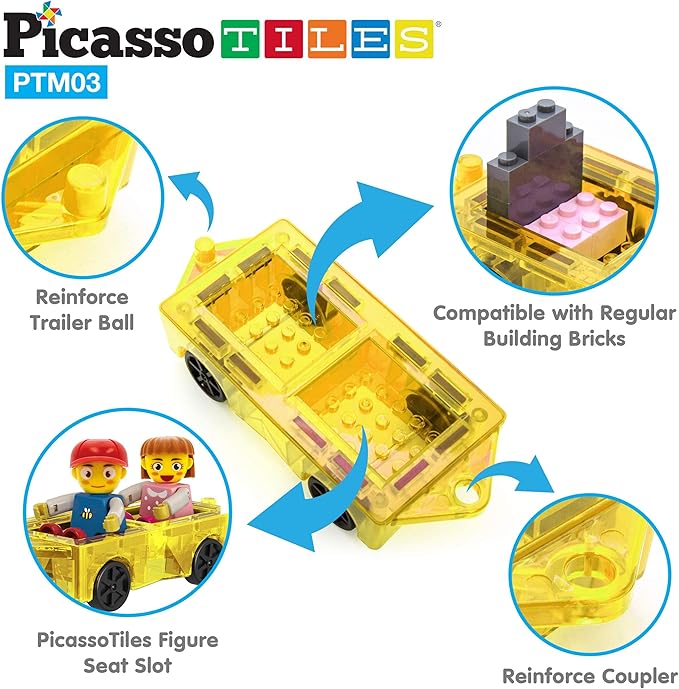 PicassoTiles Mini Magnetic Tiles Expansion Car Truck and Figures Play Set, Kids Building Magnet Bricks STEM & Learning Toys, Magnetic Add-ons, Car Toys, Toddler Preschool 3 years and up boys and girls
