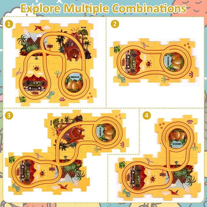 25PCS Puzzle Racer Dinosaur Themed Series, Kids Car Track Set, Educational Puzzle Toys Gifts for Boys and Girls