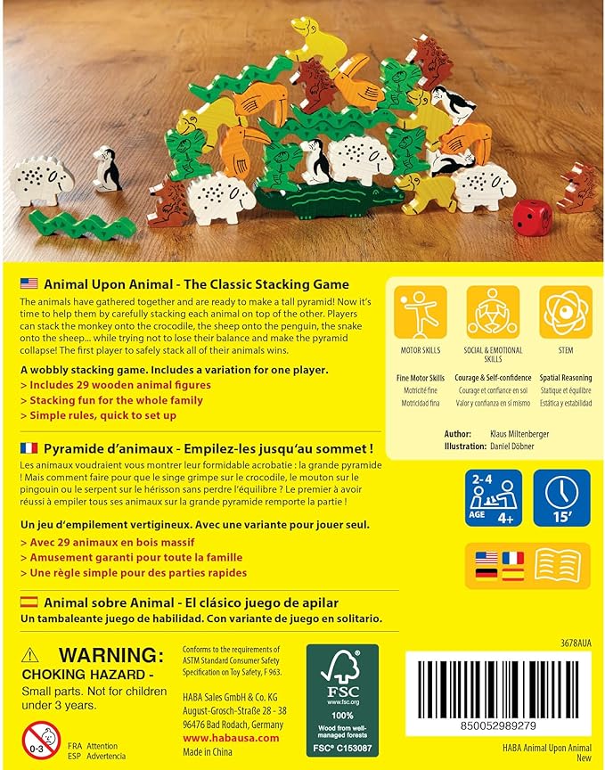 HABA Animal Upon Animal Game - Classic Wooden Tower Stack Game for Kids and Adults, STEM & Dexterity Party Activity for Ages 4+, Compact On The Go Edition