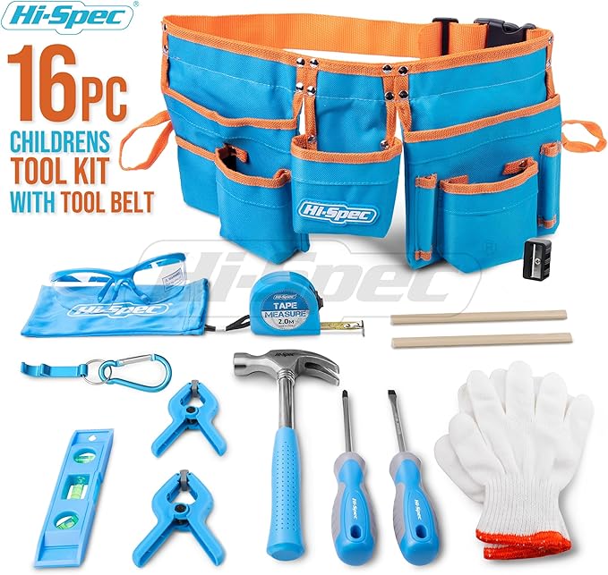 Hi-Spec 16pc Kids Tool Set with Tool Belt – Real Child-Sized Tool Kit for Boys & Girls, DIY Building, Hand Tools, Woodworking, Carpentry, STEM Learning, Construction Play Set – Blue