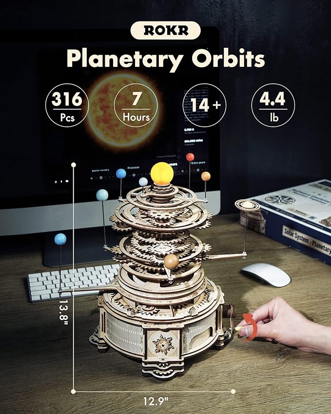 ROKR 3D Wooden Puzzles for Adults-Orrery Solar System Model Kit-Crafts for Adults Teens-Gift for Father's Day