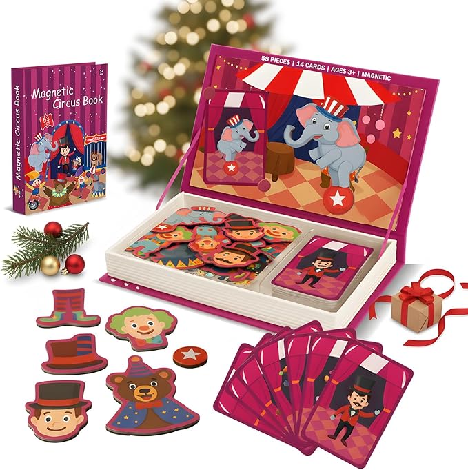 Circus Magnetic Puzzle Book for Toddlers, 37PCS Montessori Travel Set with 16 Activity Cards - Airplane Essentials for Kids Road Trip Game, Interactive Magnet Board for Boys Girls Ages 3+