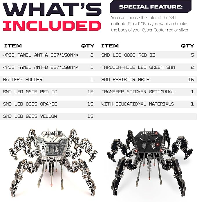 ANT001 Hexapod Tank Robot Building Kit - STEM Educational Science Toy for Kids - DIY Robotics Set With Printed Circuit Board - Engineering Gift
