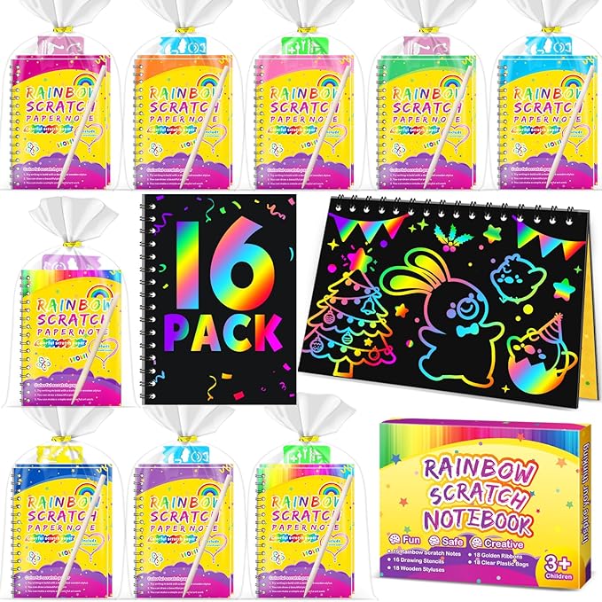 Party Favors for Kids 4-8-12: 16 Pack Scratch Rainbow Art Crafts Notebook, Coloring Book Goodie Bags Stuffers Kit, Bulk Birthday Gift Classroom Prizes Girl Boy Toddler
