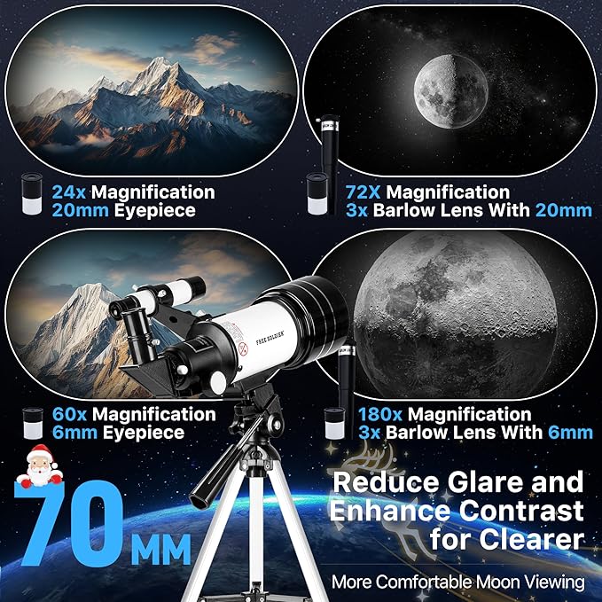 FREE SOLDIER Telescope for Kids 70mm Aperture Astronomical Refractor Telescopes for Beginners (15X-150X) 300mm Telescope for Adults High Powered with A Phone Adapter & A Wireless Remote (White)