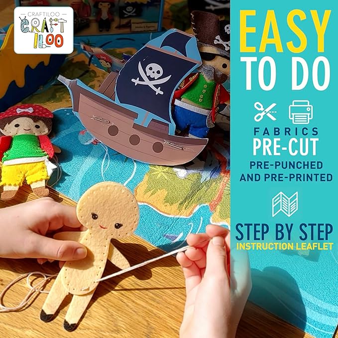 Pirates Pre-Cut Fun Kids Sewing Kit for Kids Ages 8-12 Children Beginners Sewing kit Kid Crafts Make Your Own Felt Pillow Plush Craft Kit Girls and Boys Art Craft Kits Learn to Sew Kit