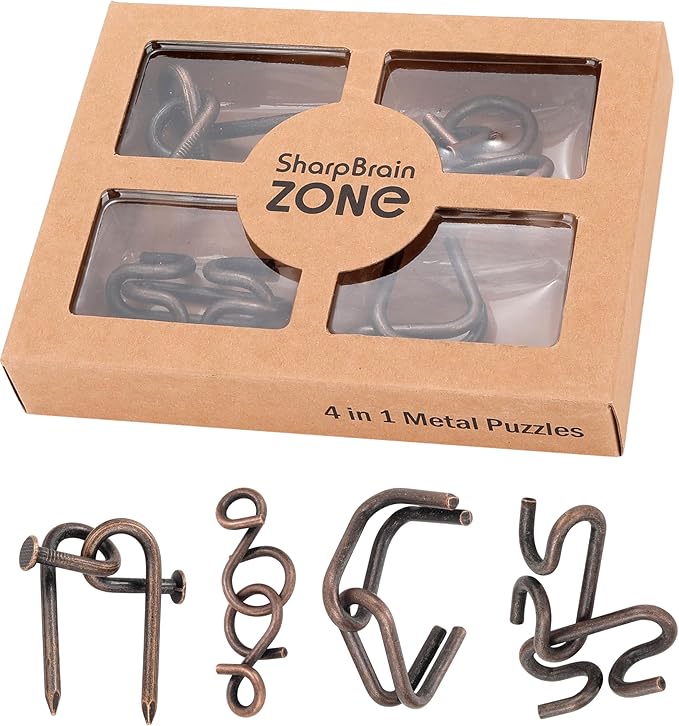 4-in-1 Puzzle Grey Twist Set by Sharp Brain Zone - Premium Metal Brain Teaser Collection, Durable Iron Puzzle Games for Stress Relief, Focus, Relaxation and Fun Challenges