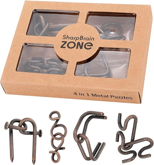 4-in-1 Puzzle Grey Twist Set by Sharp Brain Zone - Premium Metal Brain Teaser Collection, Durable Iron Puzzle Games for Stress Relief, Focus, Relaxation and Fun Challenges
